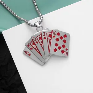 Hip hop royal flush poker card pendant necklace with red suit details for men