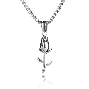 Detailed view of a silver rose flower pendant with a durable box chain necklace