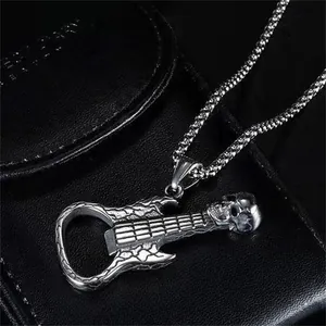 Punk style skull guitar bottle opener pendant necklace with stainless steel chain
