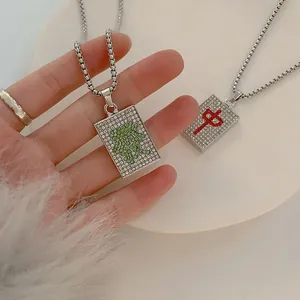 Hip hop mahjong pendant necklace with red and green crystals on silver box chain