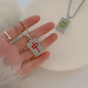 Hip Hop Titanium Steel Mahjong Pendant Necklace Full Rhinestone Chinese Character Pave Crystal Long Chain Jewelry For Unisex Gift