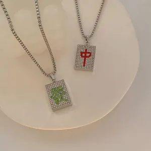 Hip hop mahjong pendant necklace with sparkling crystals and red and green characters
