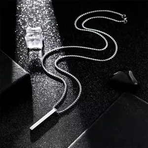 Polished silver stainless steel rectangular bar pendant with long box chain for men and women