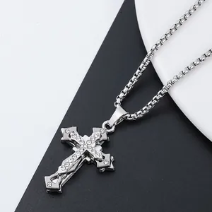 Titanium steel cross pendant necklace with sparkling rhinestones and box chain link