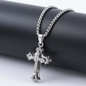Polished silver titanium steel cross pendant necklace with sparkling micro-pave crystals