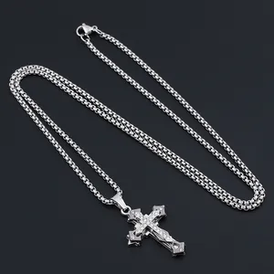 Polished titanium steel silver cross pendant necklace with sparkling diamond accents