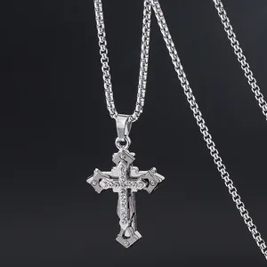 Hip Hop Titanium Steel Double Layer Cross Pendant Necklace With Zirconia Stainless Steel Box Chain Jewelry For Men Women