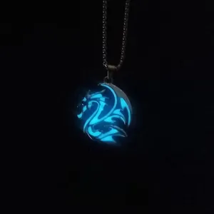 Luminous dragon totem pendant necklace with glowing blue light on a metal chain