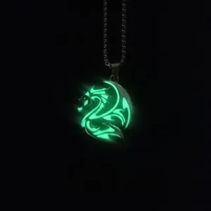 Luminous dragon totem necklace with green glow pendant on a black metal link chain