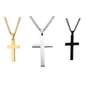 Polished stainless steel cross necklaces in gold, silver, and black finish on white background