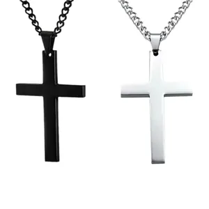 Classic stainless steel cross pendant necklace set in black and silver finishes