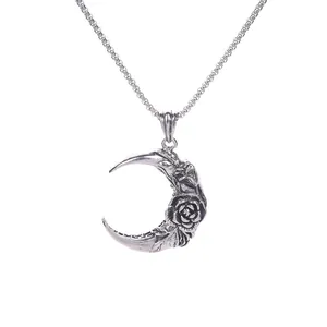Dark Gothic Crescent Moon Rose Pendant Necklace with Vintage Silver Finish and Box Chain