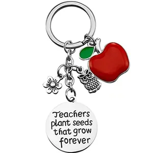 Stainless steel teacher keychain with red apple charm and owl pendant on white background