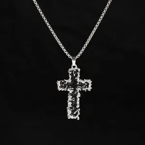 Hip hop titanium steel necklace with lava-textured cross pendant on a thick link chain