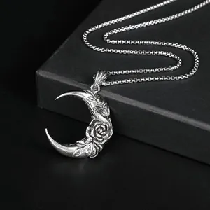 Gothic crescent moon and rose engraved necklace in vintage silver for men and women