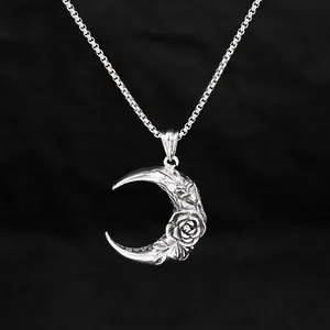 Vintage Stainless Steel Rose Moon Pendant Necklace For Men Women Antique Silver Alloy Moon Flower Hip Hop Punk Goth Jewelry