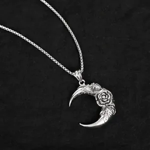 Dark Gothic Crescent Moon Rose Necklace with Retro Silver Punk Pendant for Men and Women