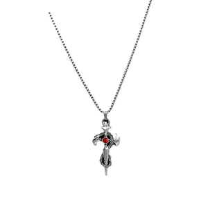 Vintage silver gothic dragon sword cross pendant necklace with a red gem on box chain