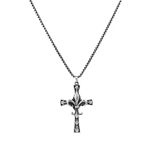 Gothic skull cross necklace with fleur-de-lis engraving in vintage silver finish