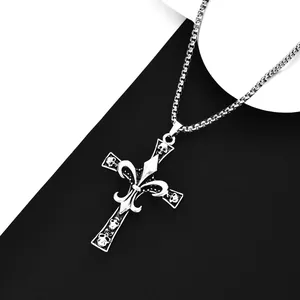 Gothic skull and fleur-de-lis cross pendant necklace in silver stainless steel finish