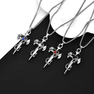 Gothic sword and snake pendant necklaces with colorful rhinestones for men