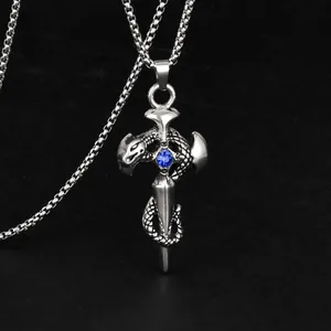 Gothic silver sword cross necklace with winding dragon and a blue gemstone pendant