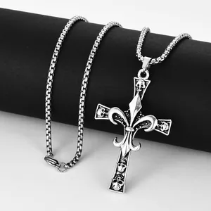 Gothic skull cross necklace with fleur-de-lis emblem on a box chain for men and women