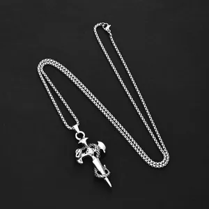 Retro punk silver sword cross pendant necklace with snake wrap and box chain