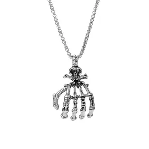 Pendentif tête de mort et main squelette de style punk gothique sur chaîne en acier