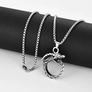 Collana con pendente drago Ouroboros in acciaio argento vintage con catena a scatola