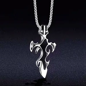 Gothic Flame Cross Pendant Necklace Stainless Steel Keel Box Chain Men Hip Hop Punk Streetwear Accessory Jewelry Gift