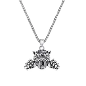 Collier avec pendentif tête de tigre punk vintage en argent aux détails rugissants