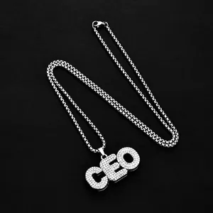 Hip-hop silver tone CEO letter pendant necklace with sparkling rhinestones on black background