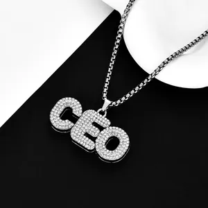 Hip hop silver CEO letter pendant necklace with sparkling rhinestones for men