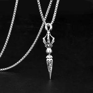 Vintage Vajra Pestle Pendant Necklace Men Stainless Steel Keel Chain Alloy Religious Six-Syllable Mantra Hip Hop Jewelry