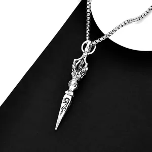 Retro stainless steel vajra pestle pendant necklace with engraved hip hop ethnic details