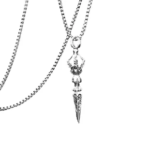 Hip hop retro stainless steel Vajra pestle pendant necklace with square box chain for men
