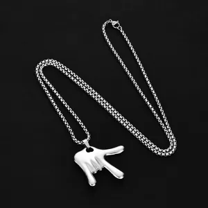 Polished silver rock gesture pendant necklace on high-quality box chain for punk fashion