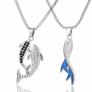 Titanium Steel Keel Chain Necklace With Alloy Dolphin Fish Tail Pendant Enamel Rhinestone Ocean Jewelry For Unisex Party