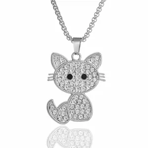 Hip Hop Iced Out Cat Pendant Necklace For Men Women Zinc Alloy Rhinestone Animal Pendant With Stainless Steel Box Chain Jewelry