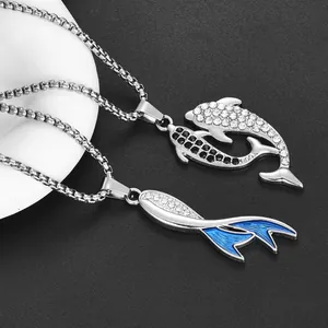 Dolphin and blue fish tail pendant necklaces with crystal accents and box chain