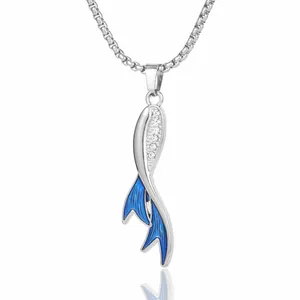 Dolphin tail necklace in silver metal with blue enamel and sparkling white crystals