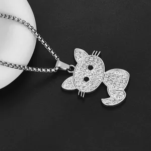 Hip hop silver cat pendant necklace with white crystals and durable box chain for daily wear