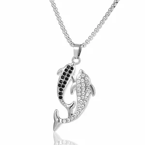 Polished silver dolphin pendant necklace with black and white crystal pave setting