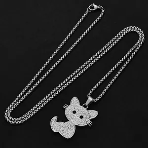 Hip hop style silver cat pendant necklace with pavé crystal rhinestones for men and women