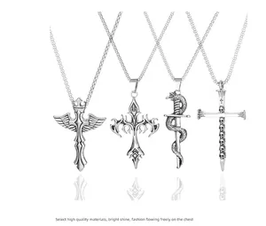 Gothic punk style silver pendant necklaces featuring snakes, swords, and winged crosses