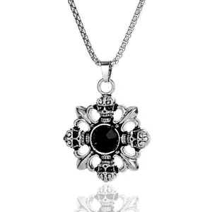 Gothic retro skull pendant necklace with black gemstone in vintage stainless steel