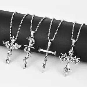 Gothic style silver sword and snake pendant necklaces with cross elements in punk design