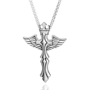 Gothic silver cross necklace featuring winged crown pendant on a round link chain