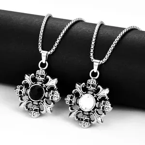 Gothic skull pendant necklace in stainless steel with black and white rhinestones